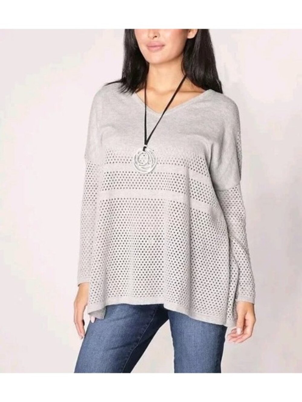 Wynne Layers Long Sleeve V-Neck Mesh Cotton Unstructured Oversize Sweater Gray S